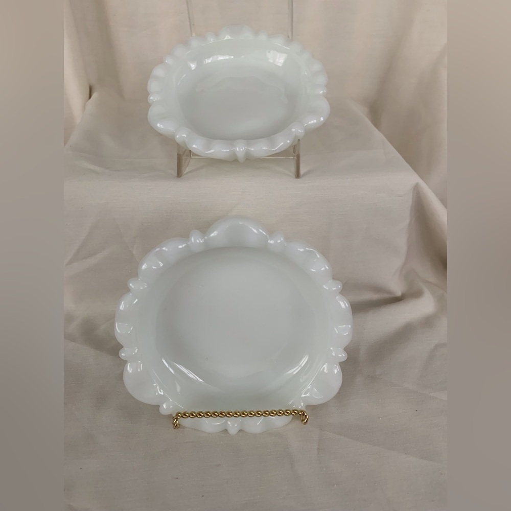 Vintage Anchor Hocking Milk Glass Thumbprint Candy Dish Ashtray Set of Two